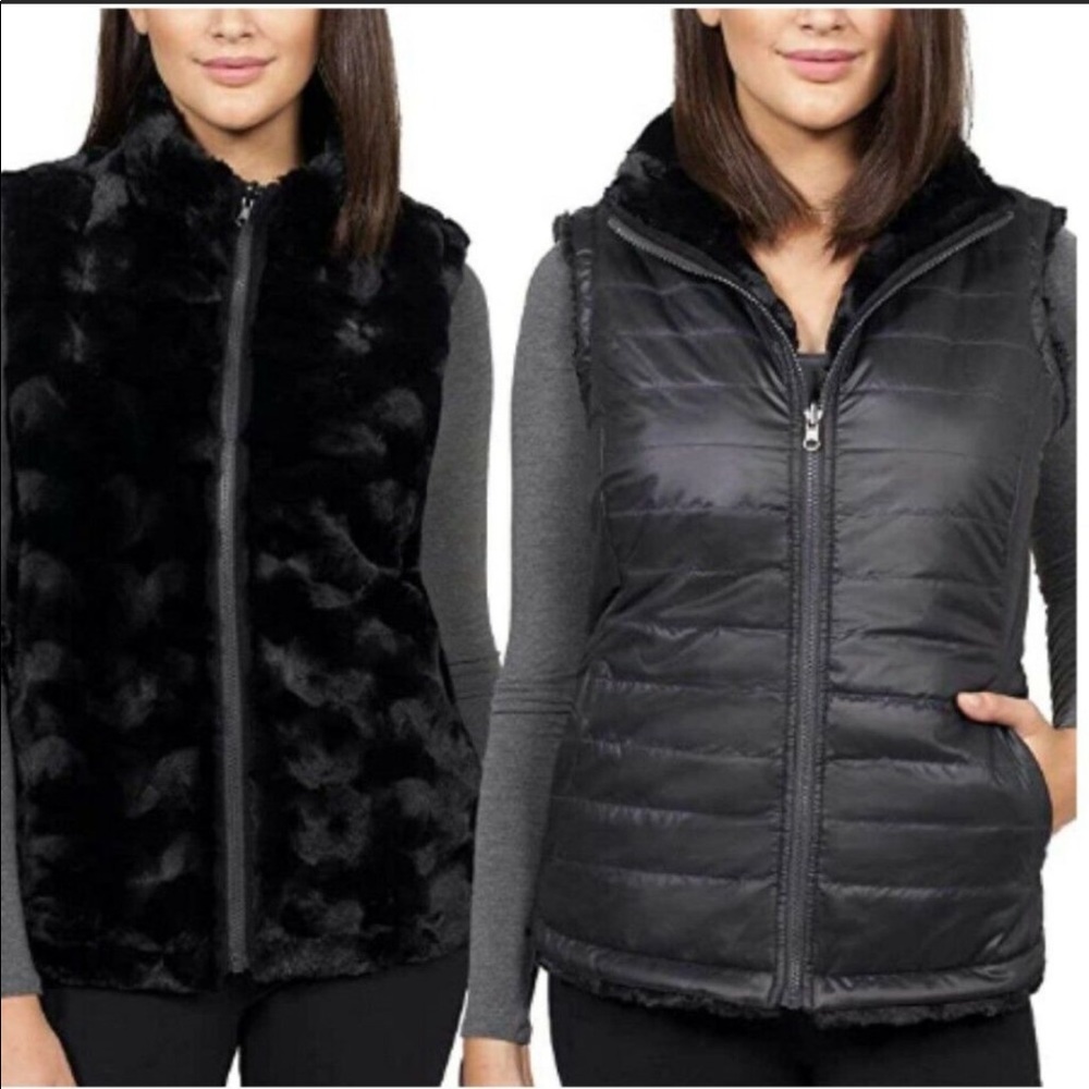 Nicole Miller Black Reversible Quilted Faux Fur Puffer Vest NWT